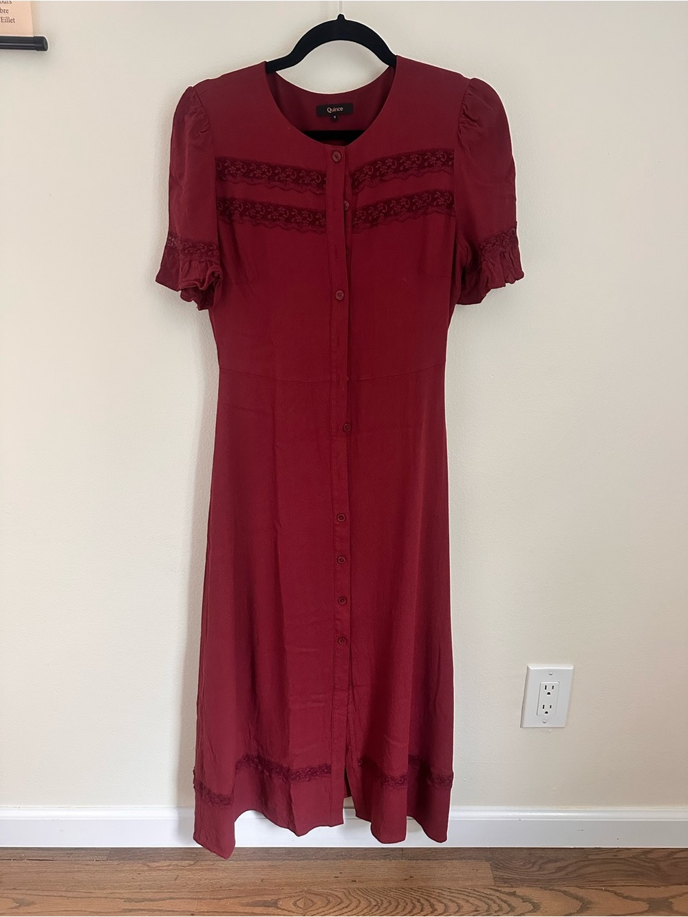 Quince Burgundy Button-Front Midi Dress with Lace Trim